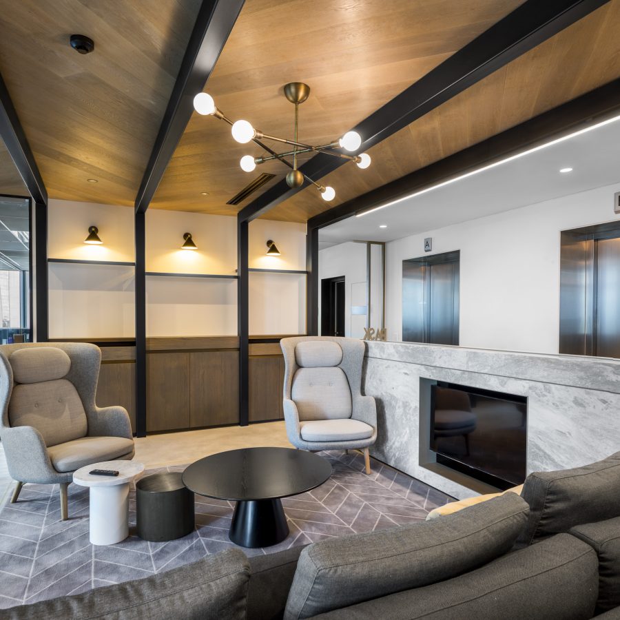 Office fit-out lounge with timber ceiling and feature lighting